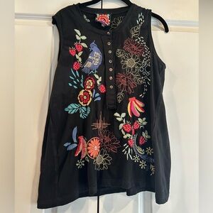 Johnny Was Black Top with Colorful Embroidery